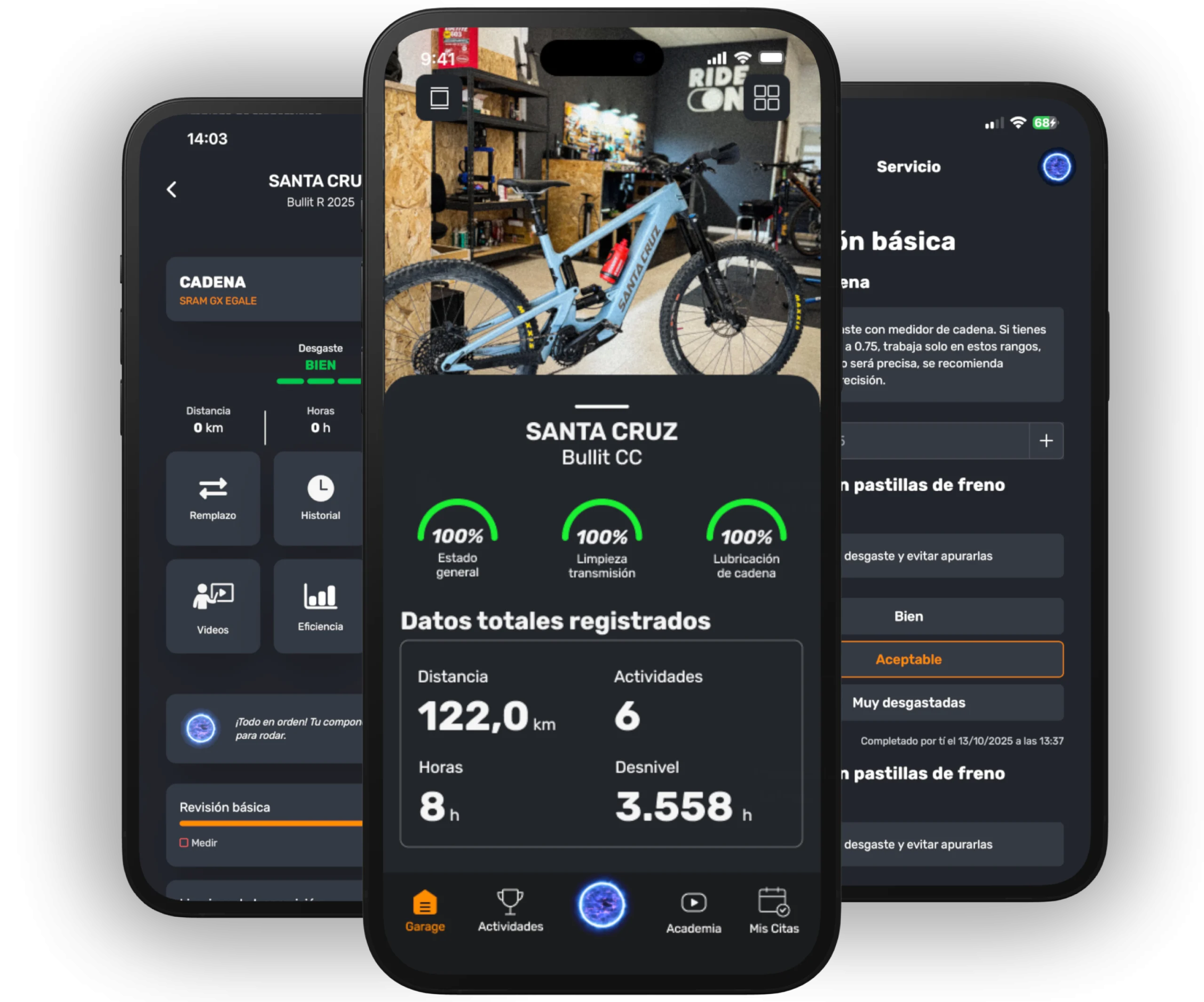 Pantalla de móvil mostrando los parámetros de mantenimiento y desgaste en la app Ride On Garage